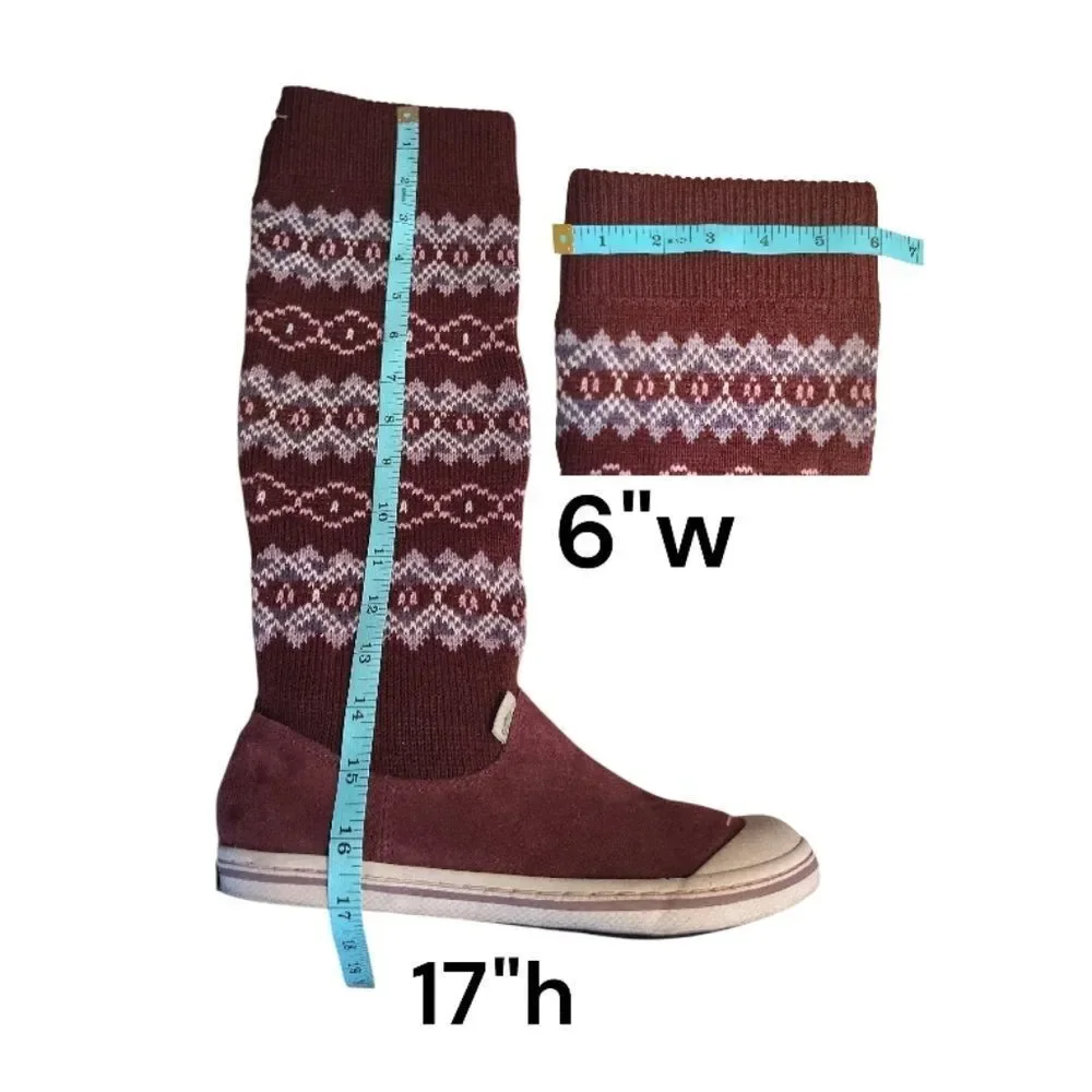 Y2K Simple Brand Burgundy Suede and Knit Sweater Flat Boots Size‎ 7.5